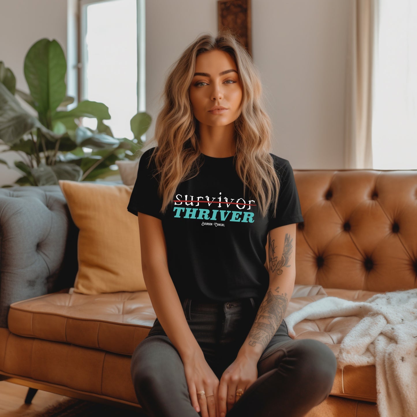 Survivor Tee - Woman wearing black t-shirt that says Survivor Thriver