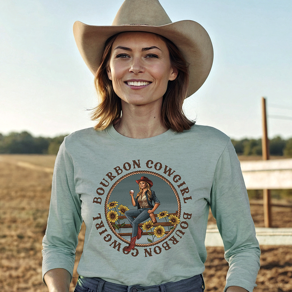 Cowgirl in Heather Dusty Blue shirt, Bourbon Cowgirl design