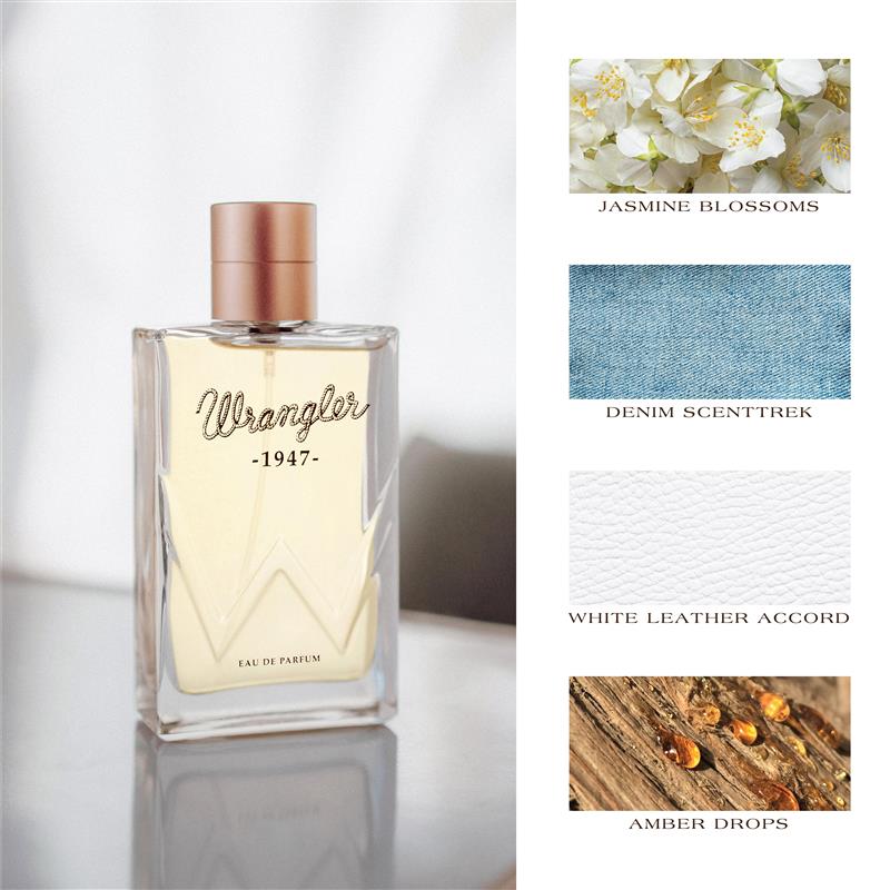 Wrangler 1947 Eau de Parfum with Jasmine, Denim, Leather & Amber notes.