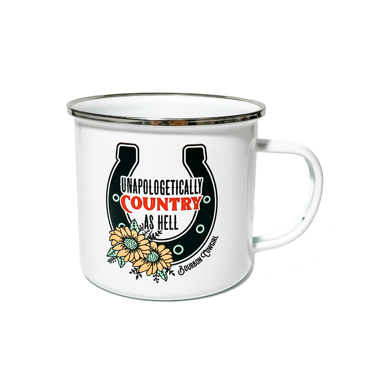 White mug with country design