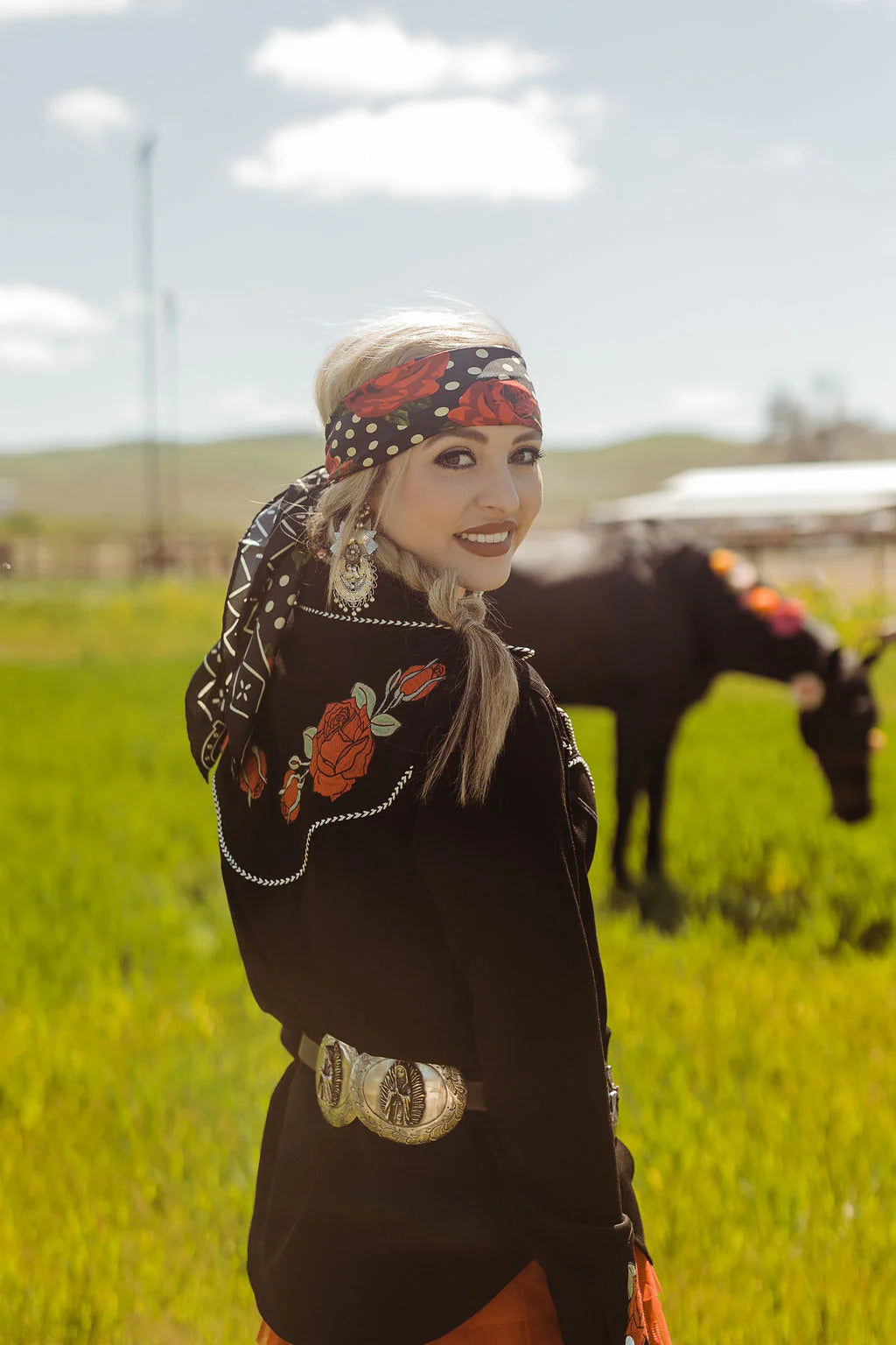 Woman in Western wear with horse, wildflower photo 126 of 549