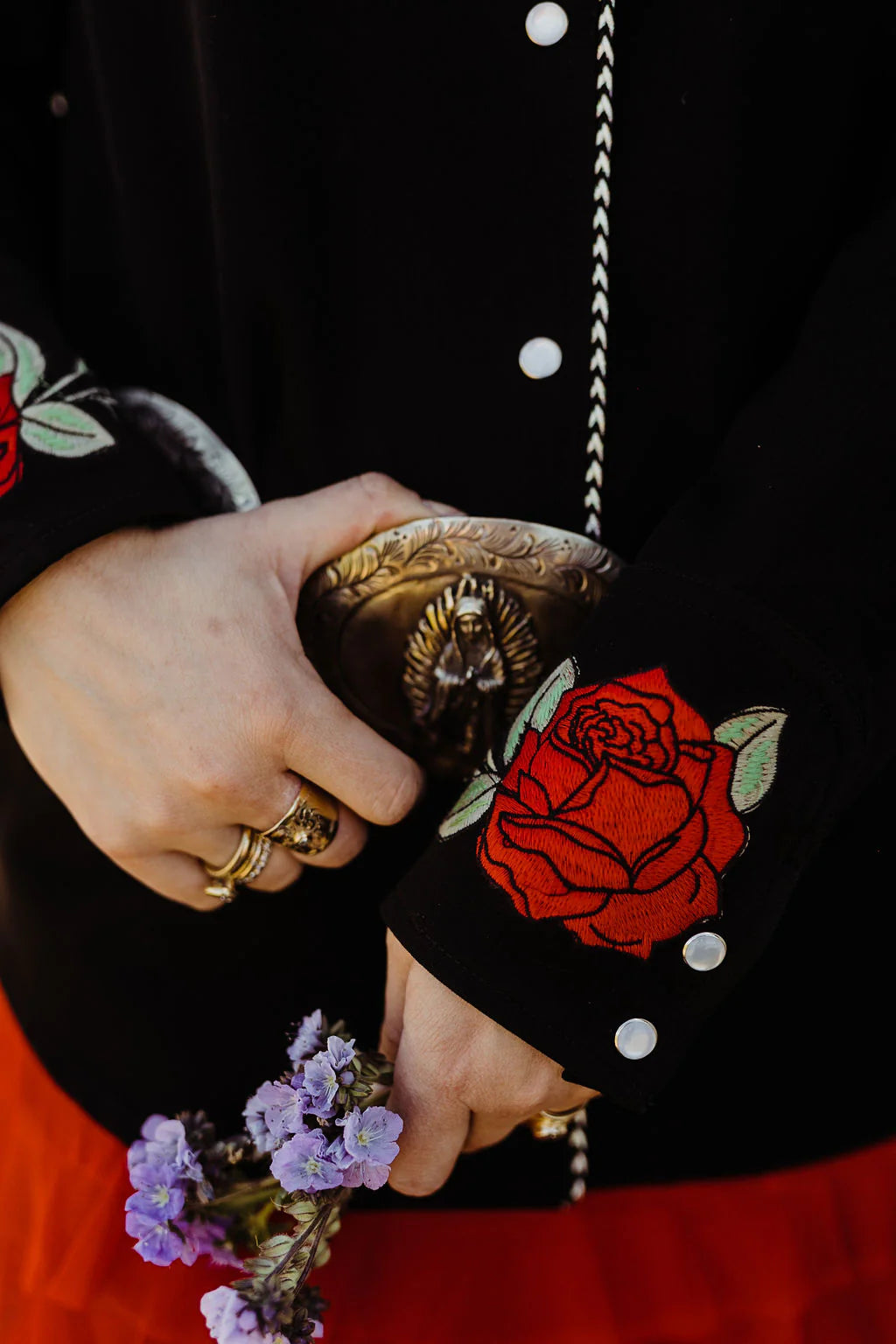 Red rose embroidery & gold clasp