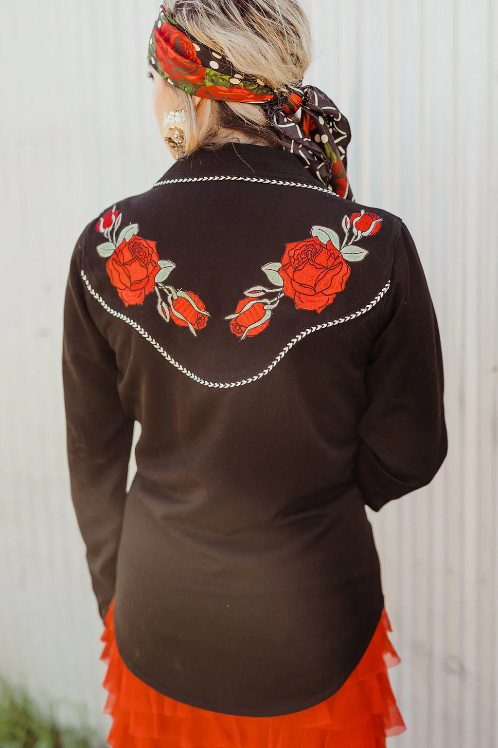 Western wildflower shirt with red rose embroidery