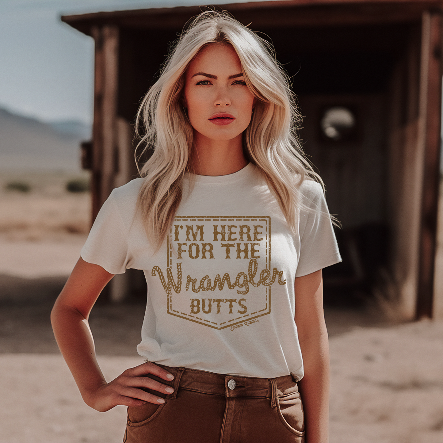 Woman in Wrangler butts tee shirt