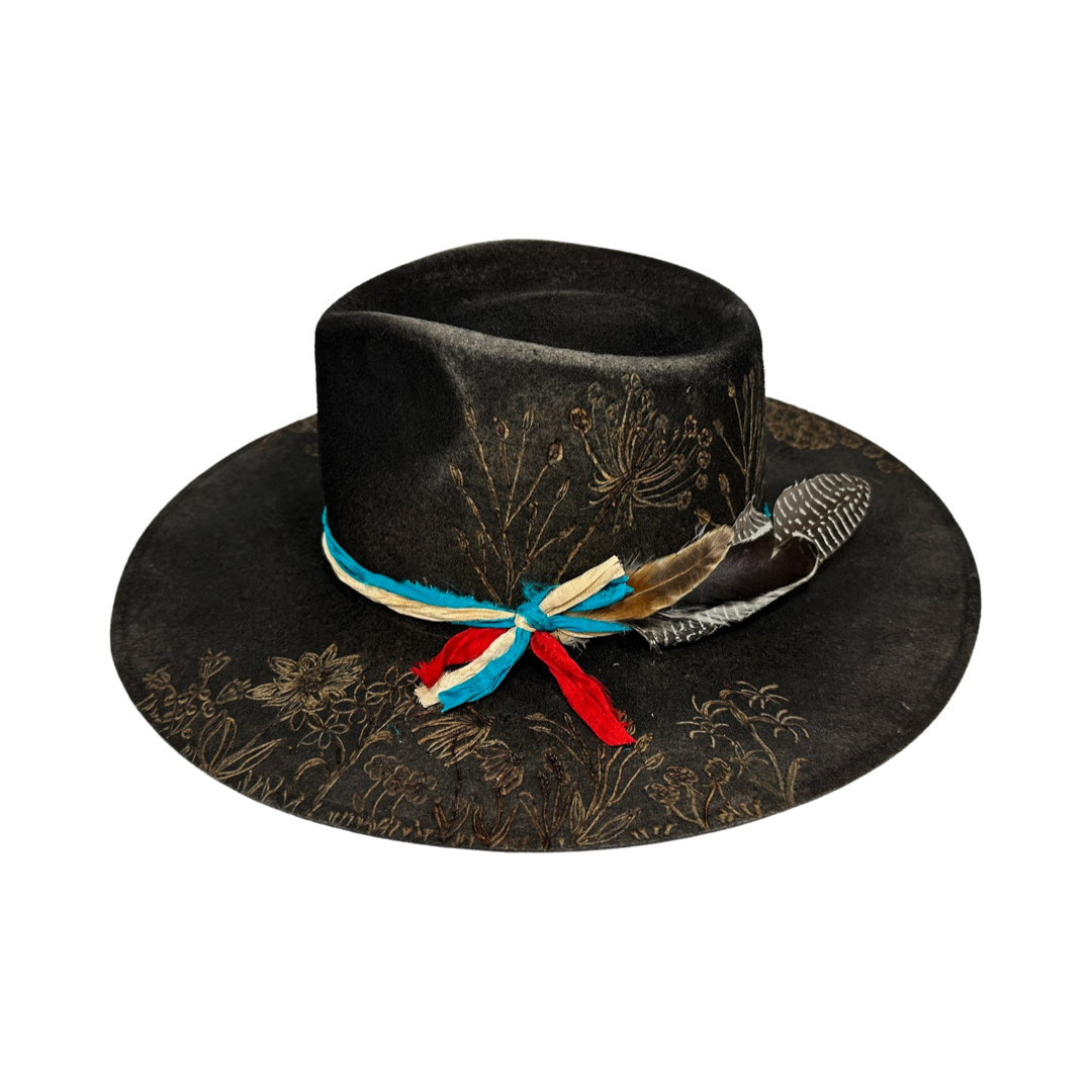 WT-blackside1 hat with floral design and feathers