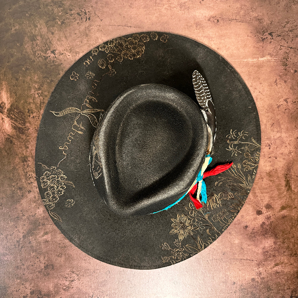 WTBLACKBRONZEWEB fedora hat with floral design