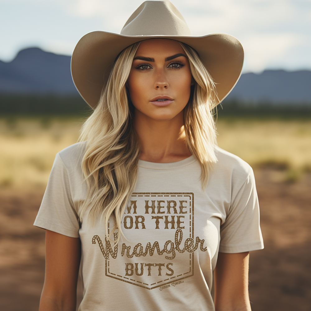 Woman in Wrangler Butts Cream shirt & cowboy hat