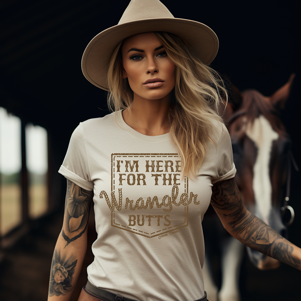 Cowgirl in Wrangler Butts Cream shirt