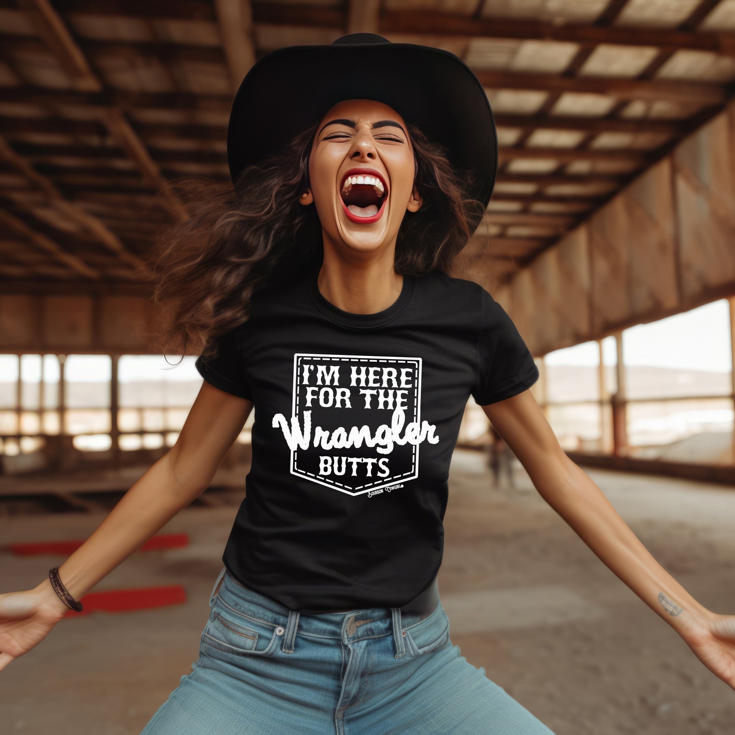 Woman laughing in Wrangler Butts tee