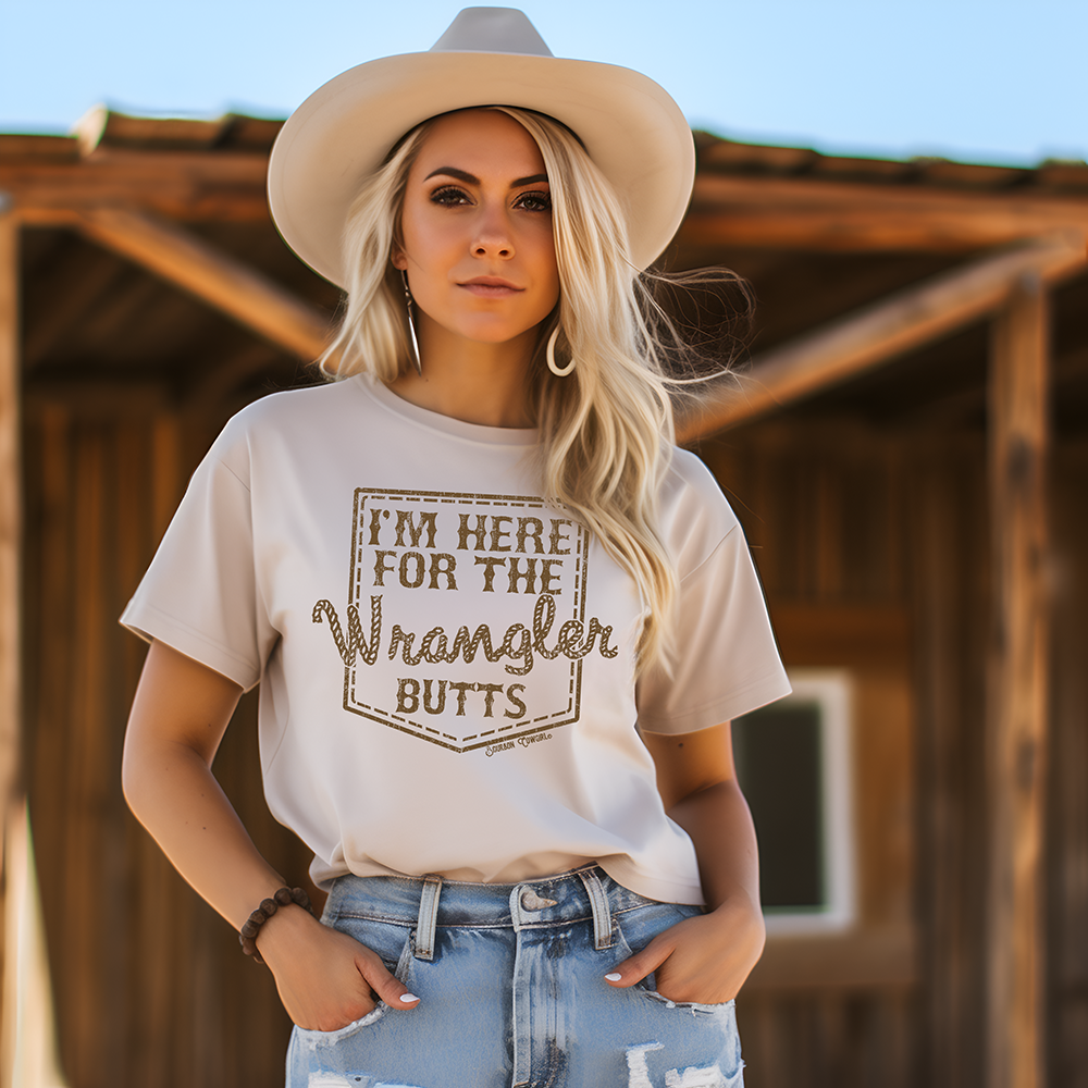 Woman in Wrangler Butts t-shirt
