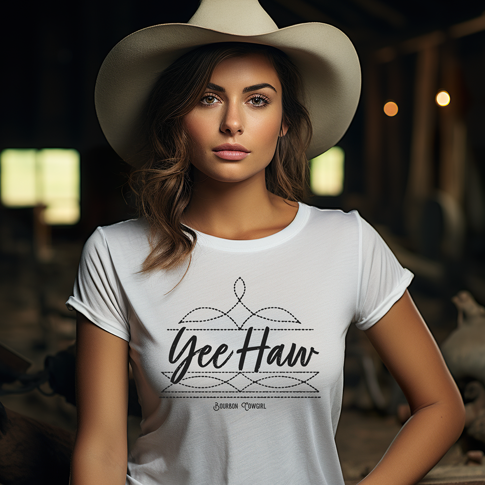Cowgirl in Yeehaw tee, revweb