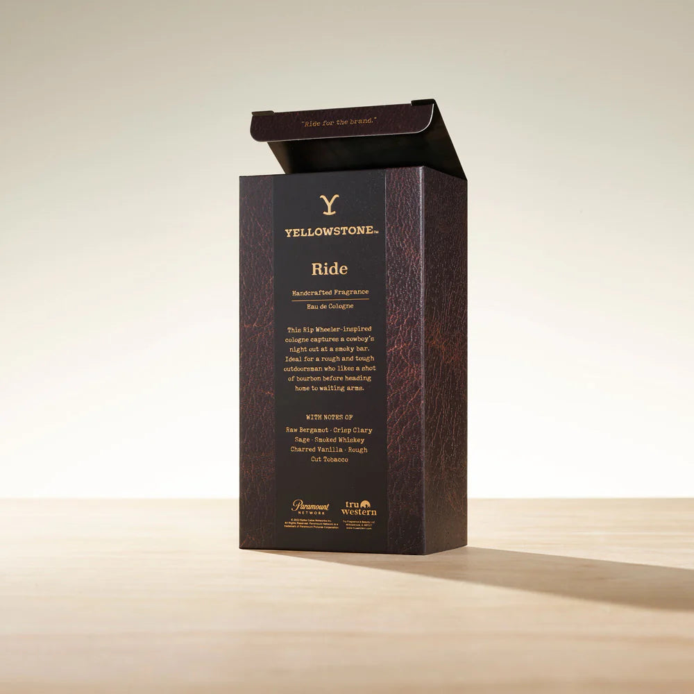 Yellowstone Ride men's box partially open, showcasing product details.