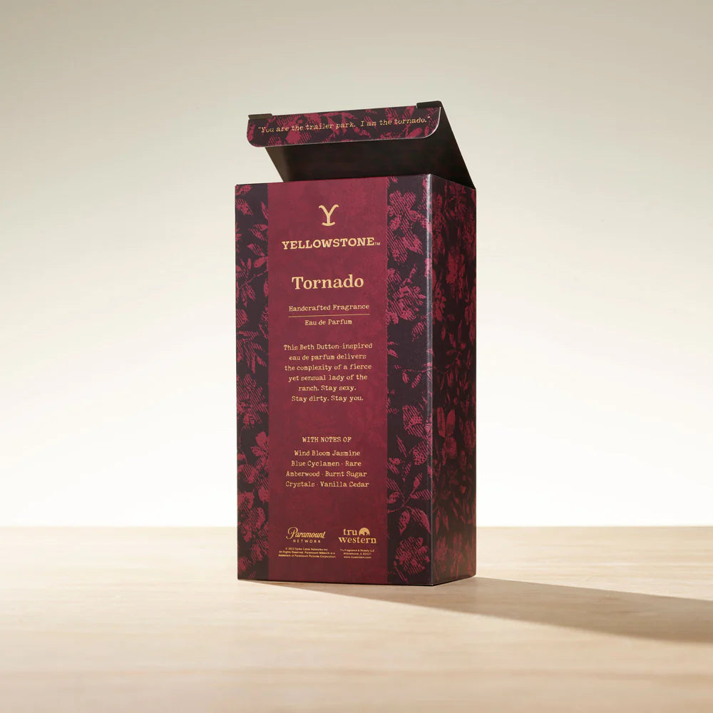 Yellowstone Tornado perfume box partially open.