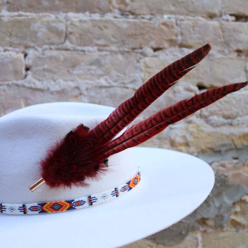 White hat with red feathers.