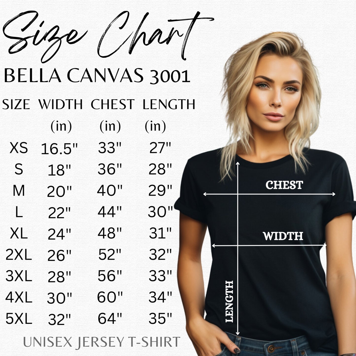 Bella + Canvas 3001 Size Chart - Unisex Jersey T-Shirt