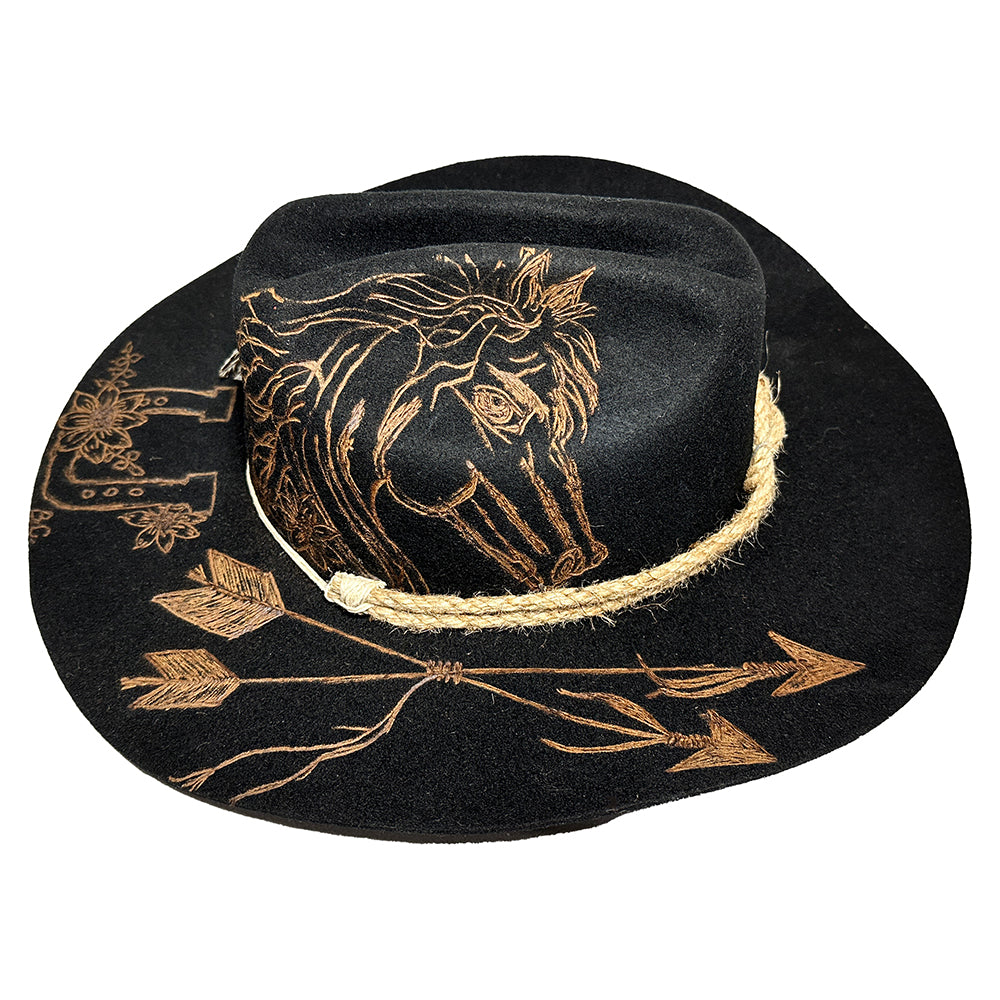 Black hat with horse & arrow design