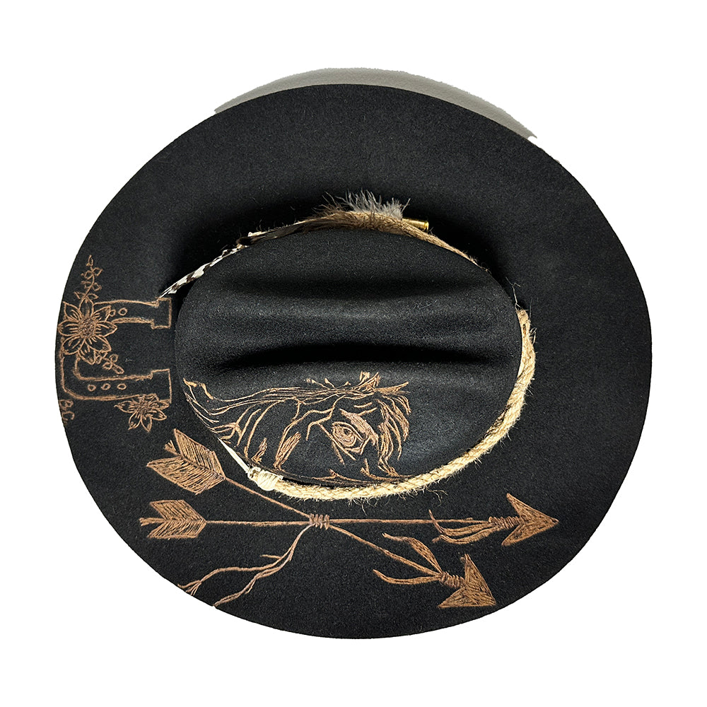Black top web cowboy hat with horse, arrows & horseshoe