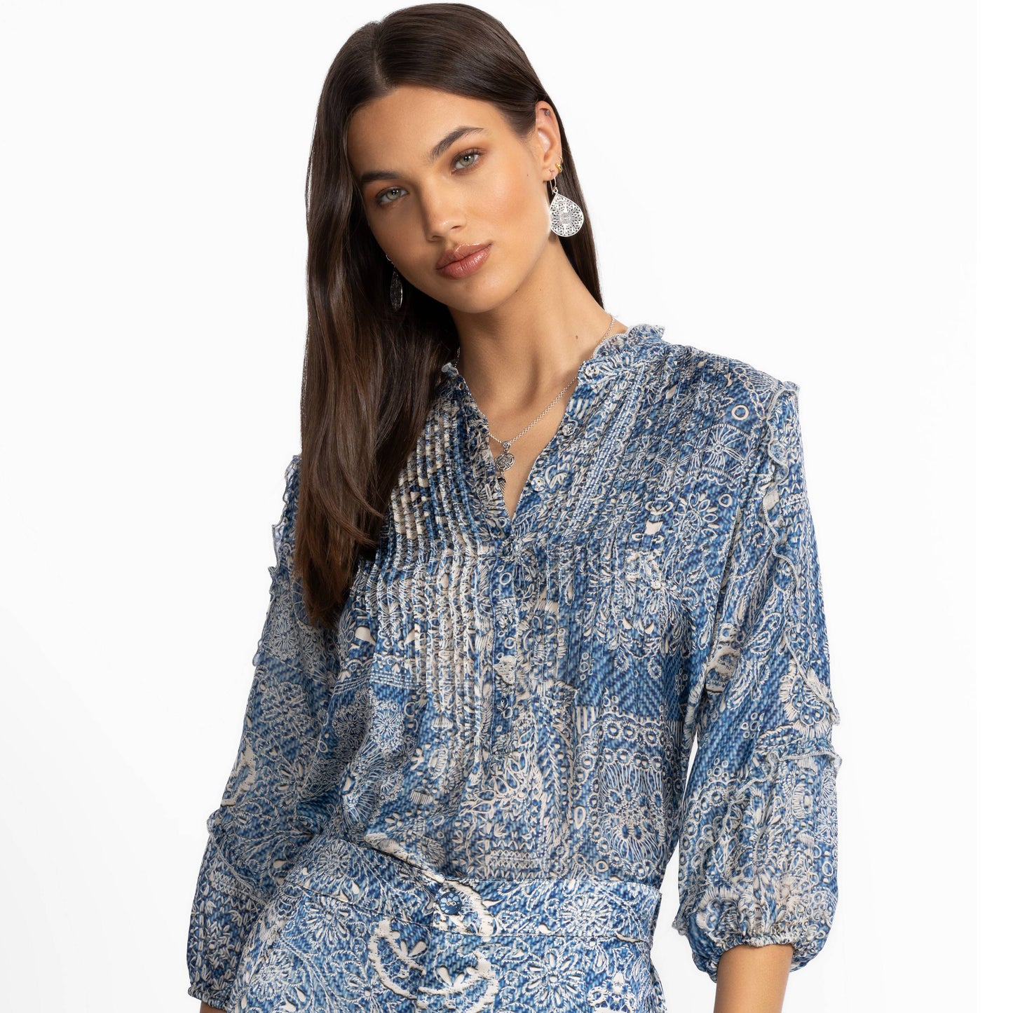 Woman in denim print top