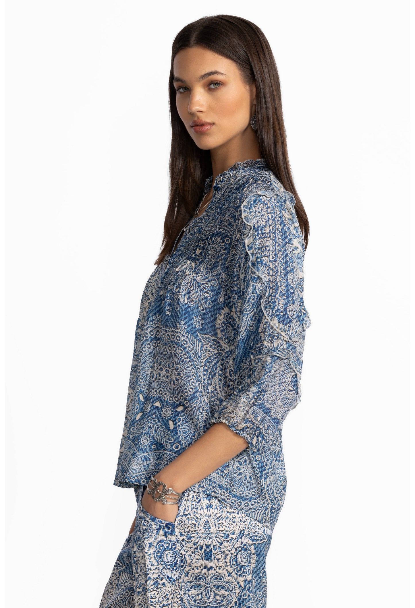 Denim print blouse on model