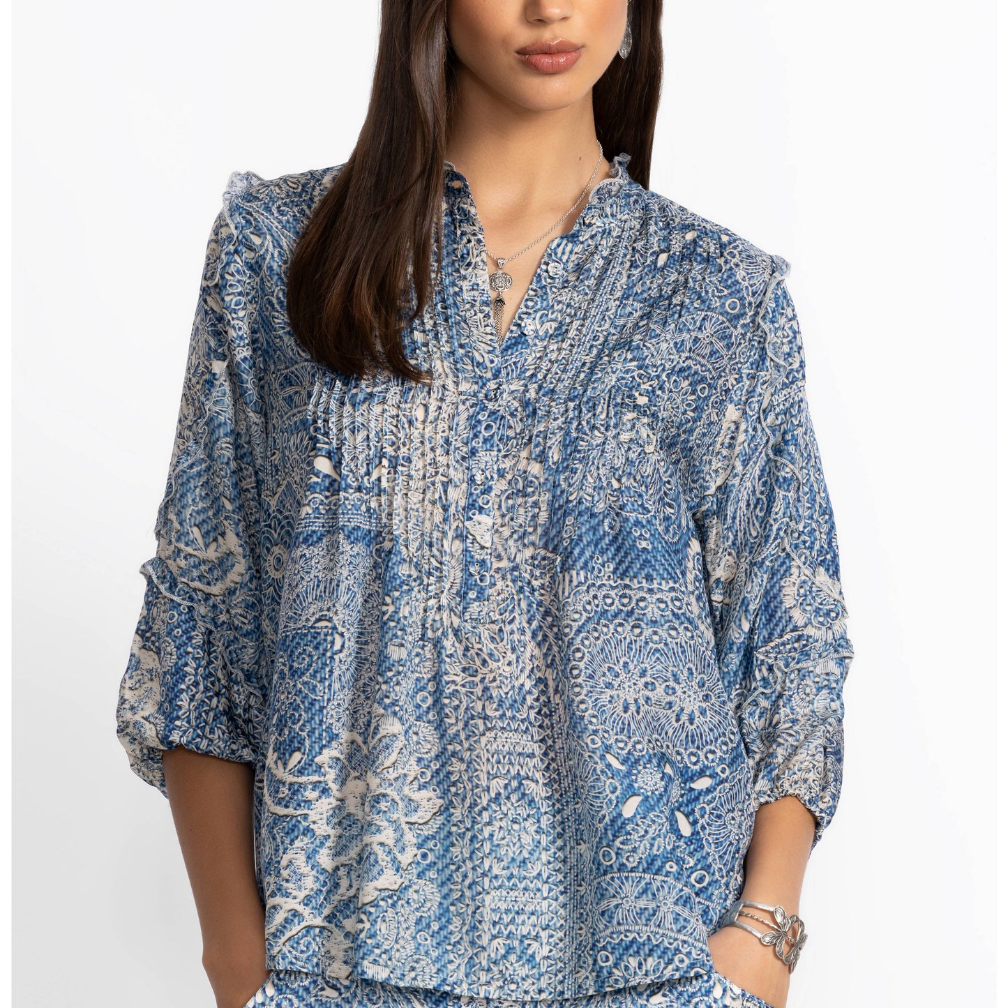 Denim print blouse with decorative pattern