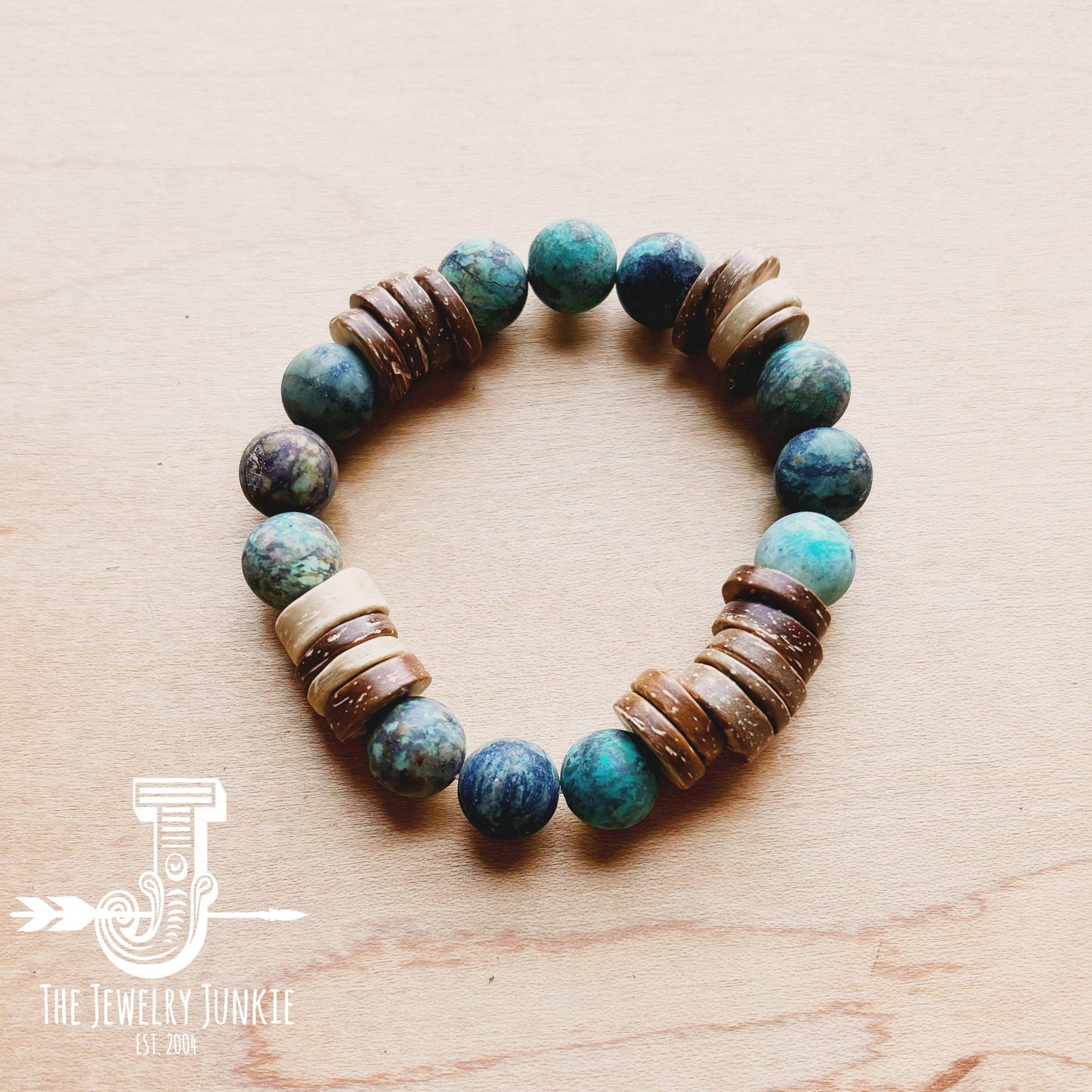 Beaded bracelet with wood and turquoise beads.