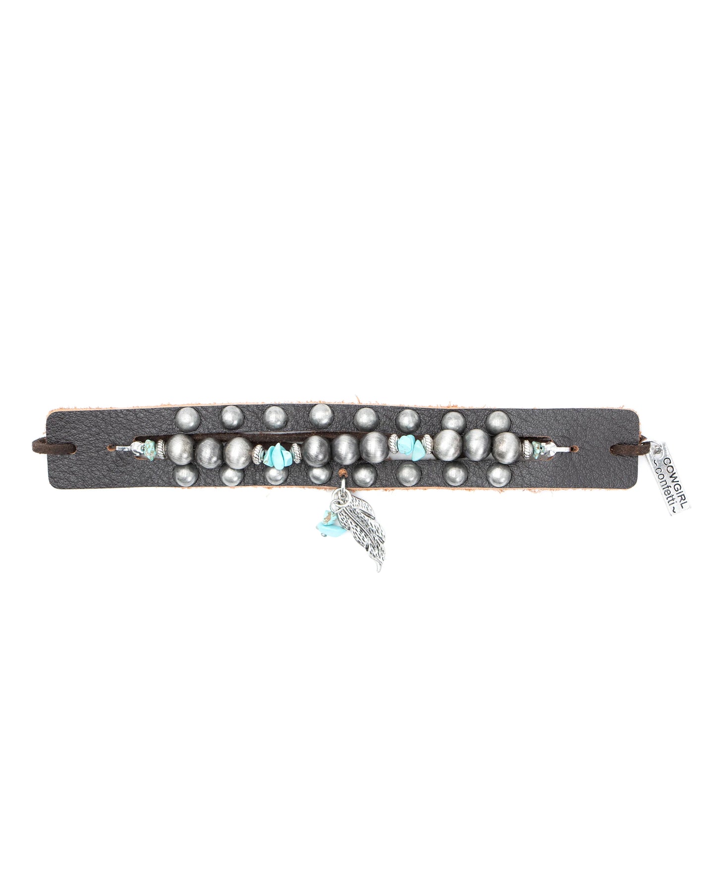 Leather bracelet with beads and feather charm