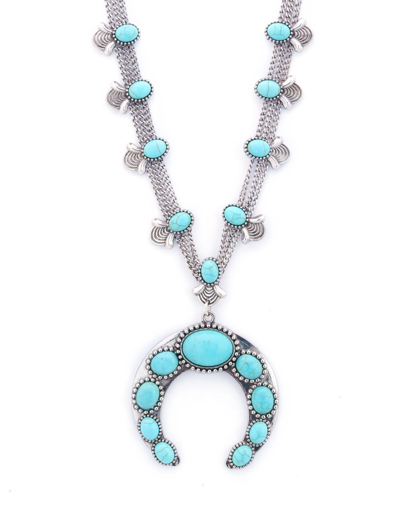 Turquoise squash blossom necklace close-up
