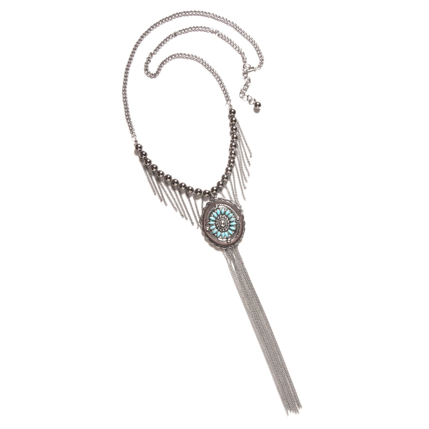Silver necklace with turquoise pendant and tassels