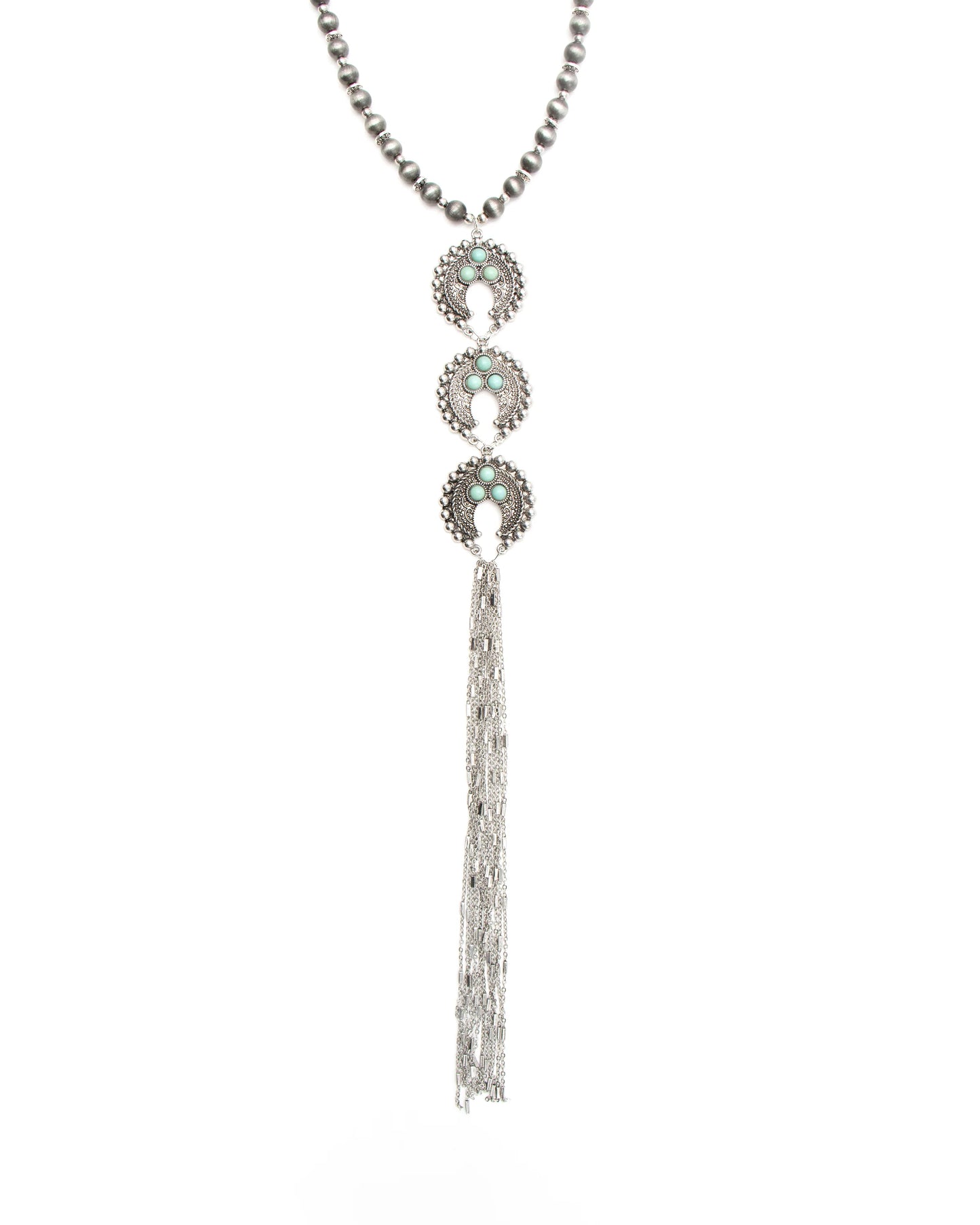 Close-up of ccnec38 silver necklace with turquoise and tassel.