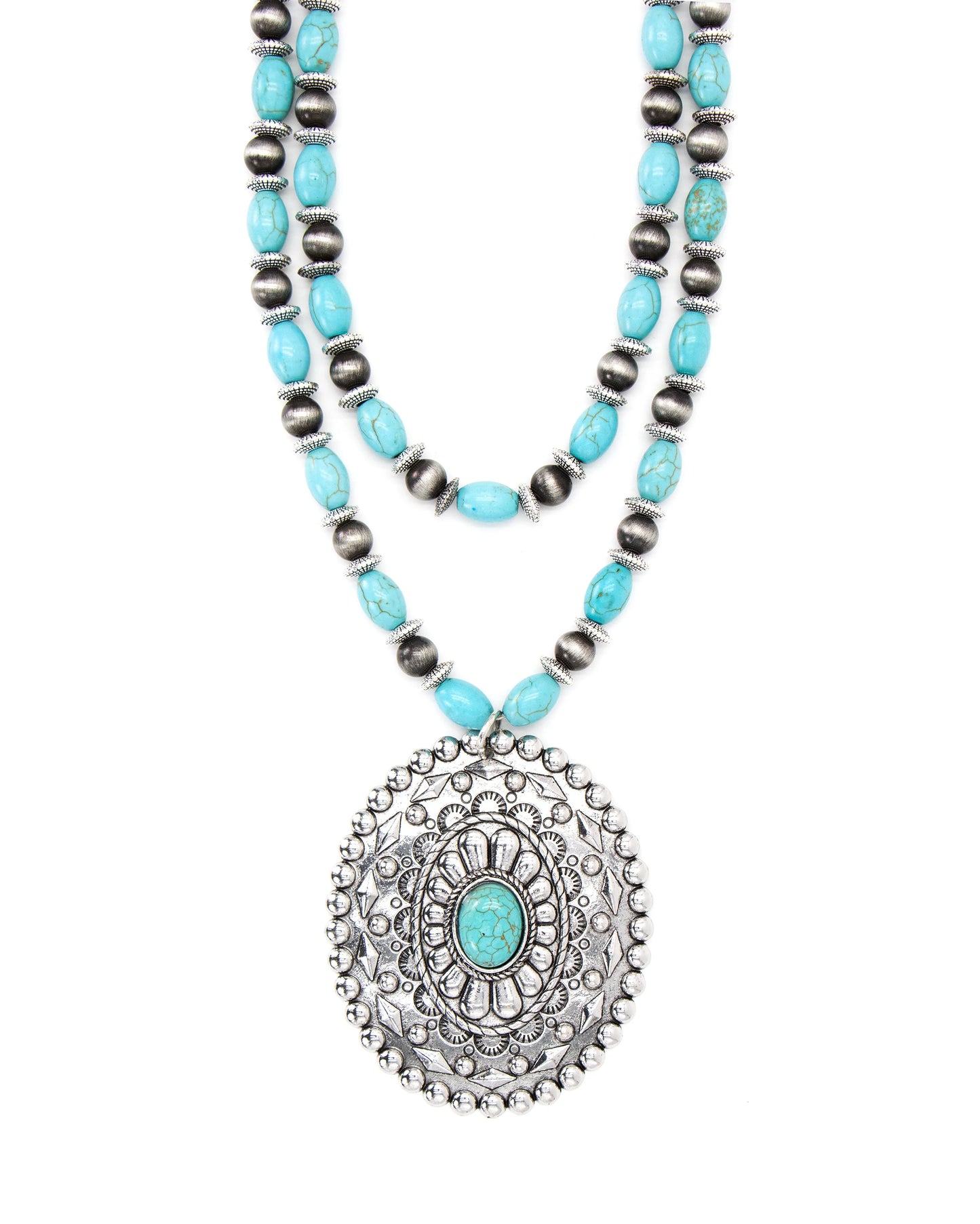 Turquoise stone pendant necklace, close-up view
