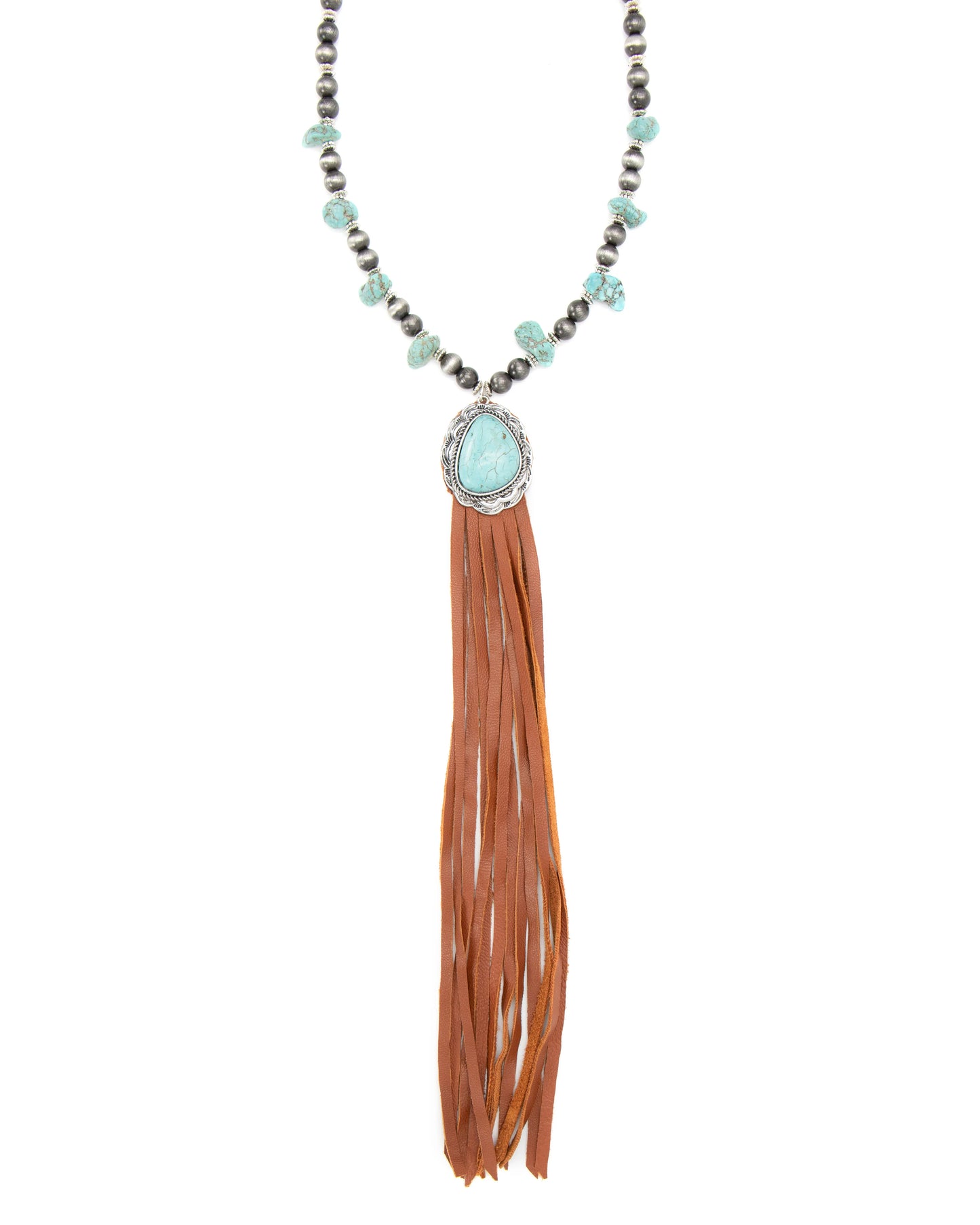 Close-up turquoise & leather tassel necklace