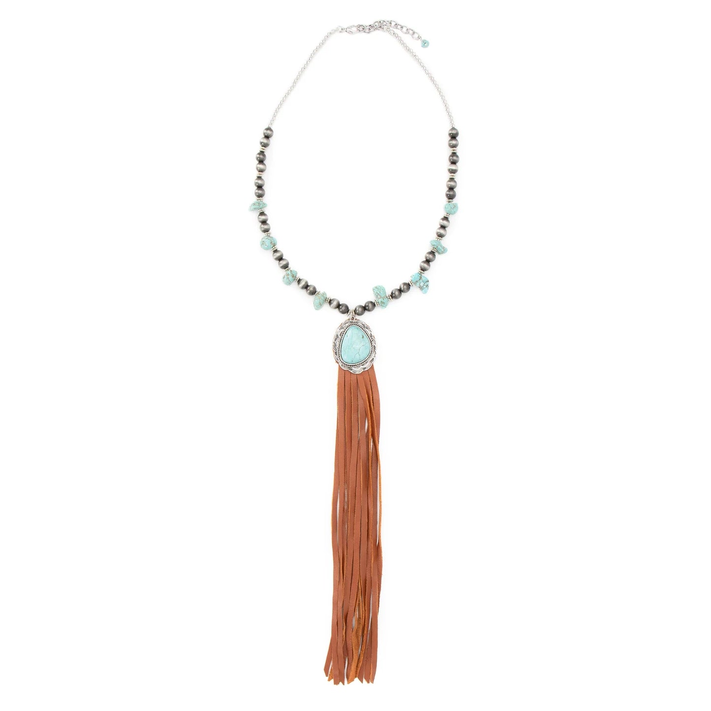 Necklace with turquoise stone and leather tassel