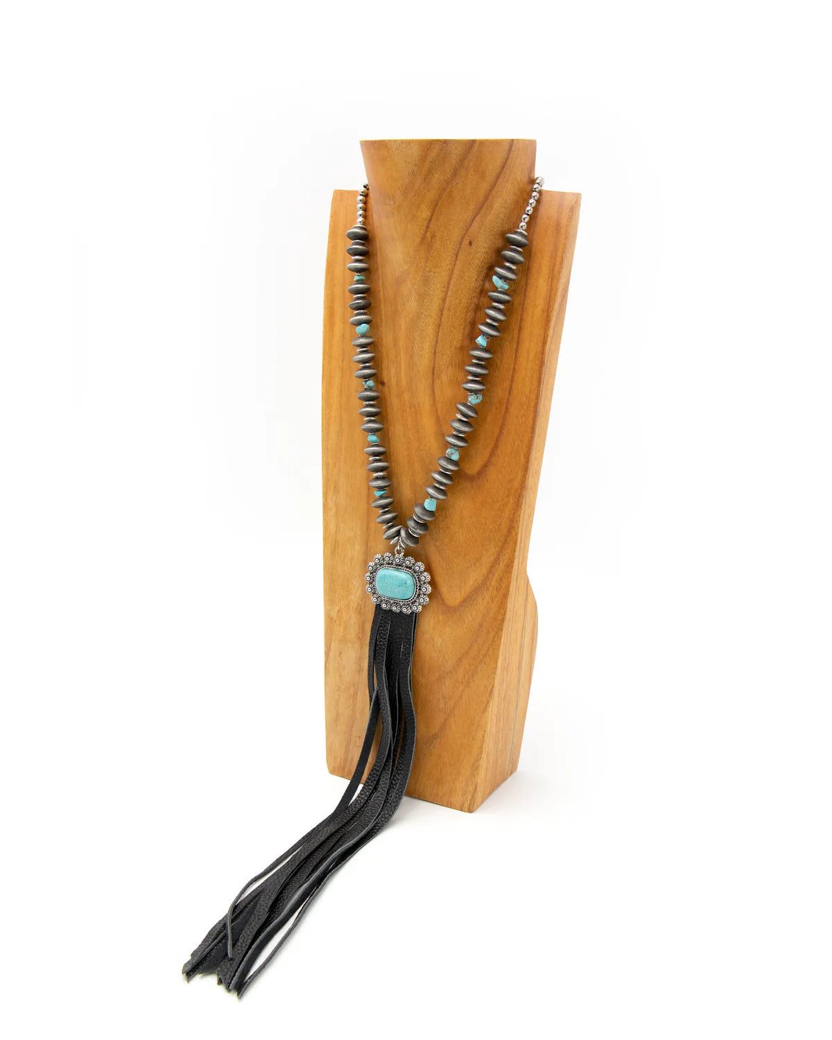 Turquoise & leather tassel necklace
