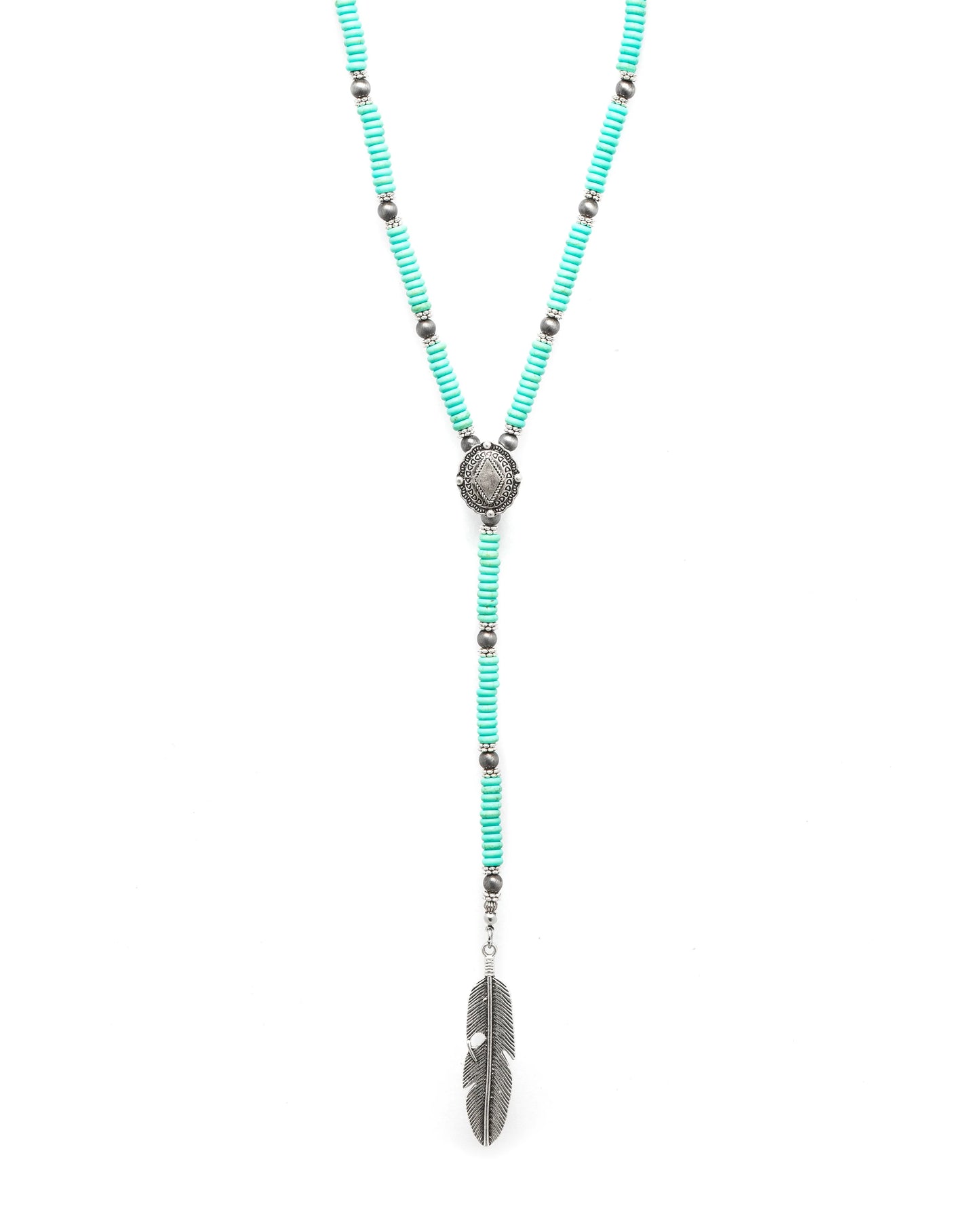 Close-up of turquoise beaded necklace with feather pendant