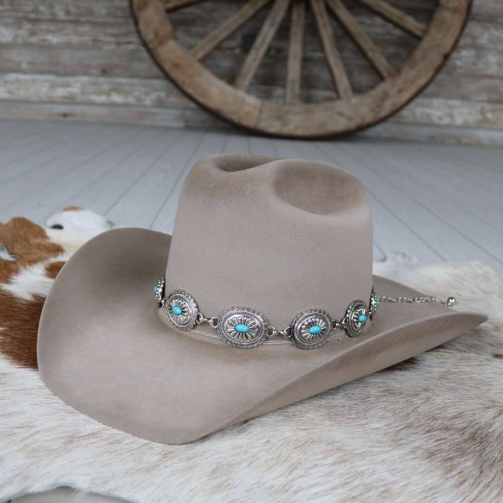 Cowboy hat with turquoise and silver embellishments.