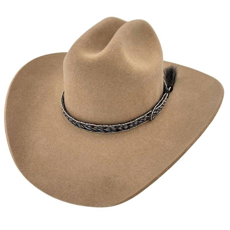 Tan cowboy hat with braided band.