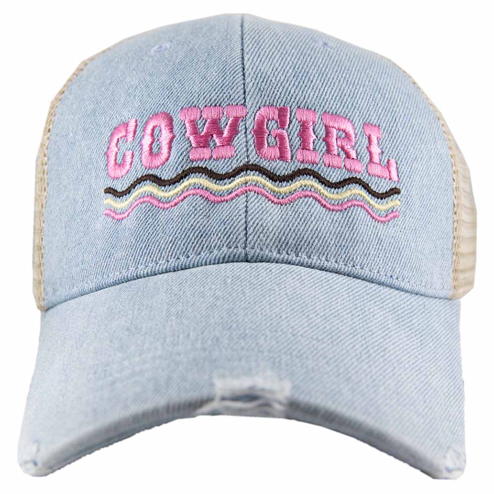 Denim cowgirl hat with pink Cowgirl embroidery