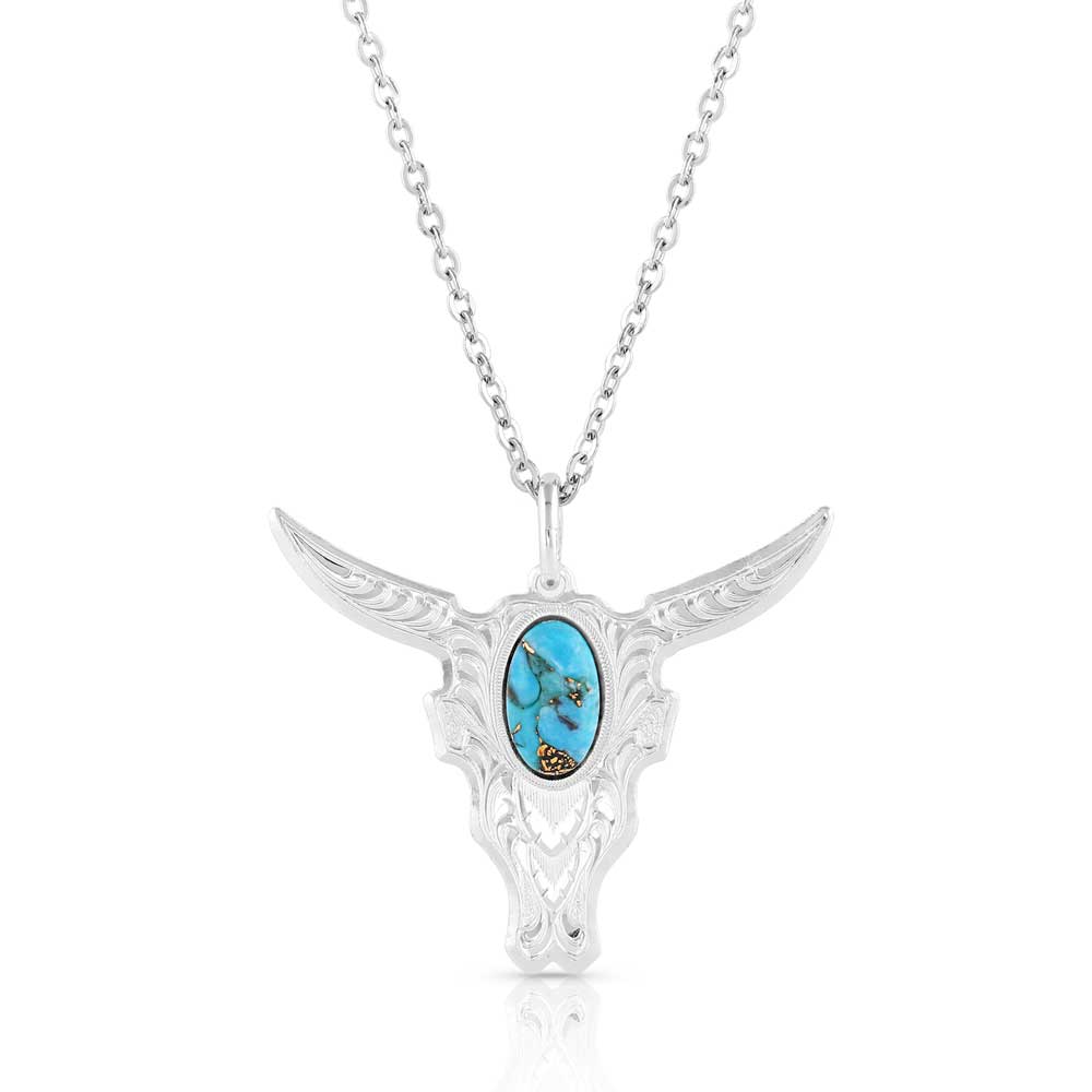Silver bull skull necklace with turquoise stone