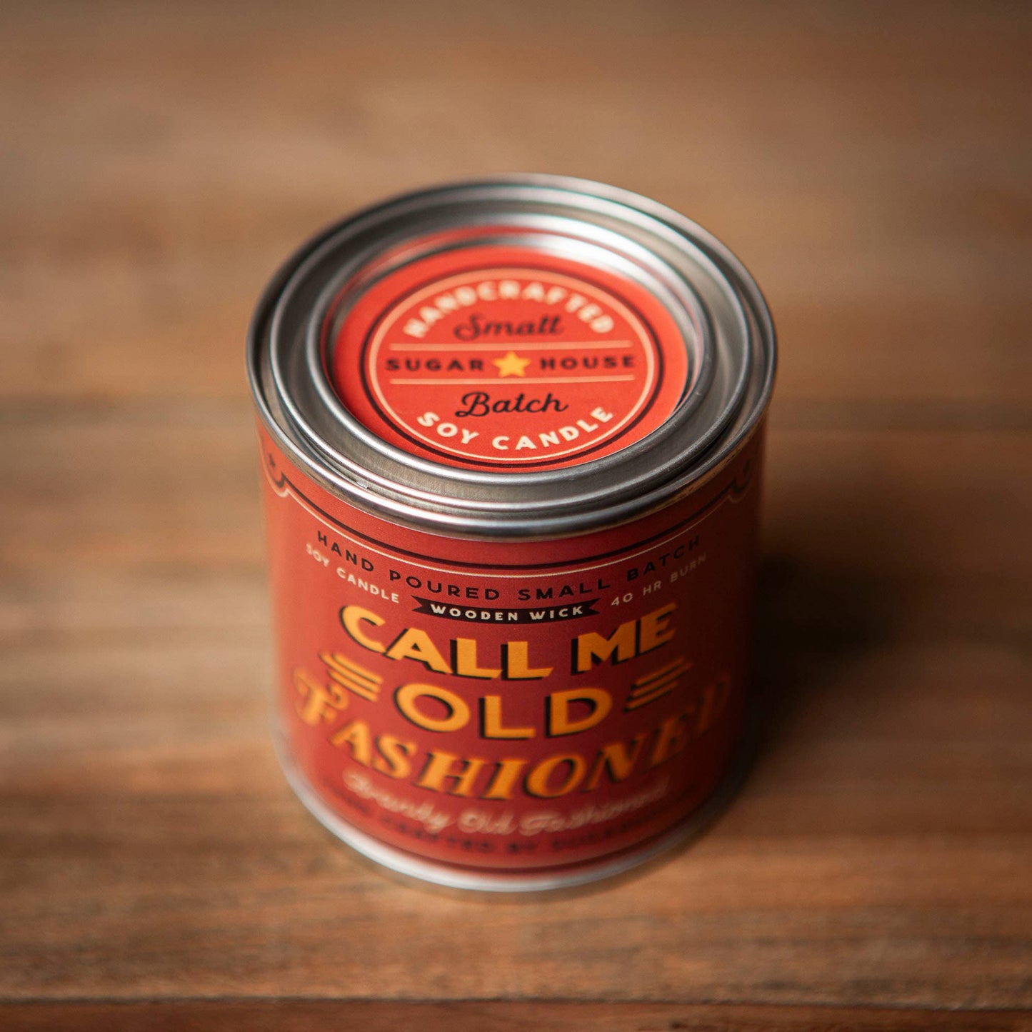Red Call Me Old Fashioned soy candle in a tin.
