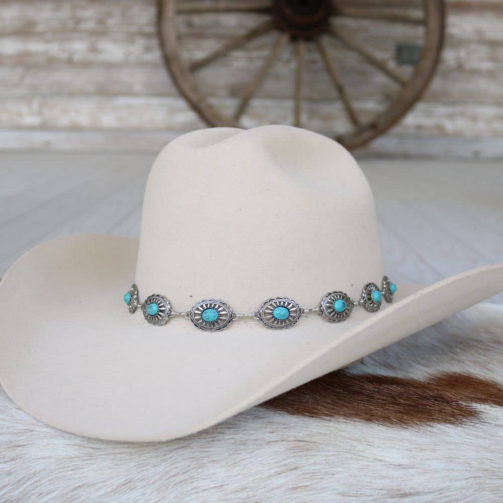 White cowboy hat with turquoise and silver band.