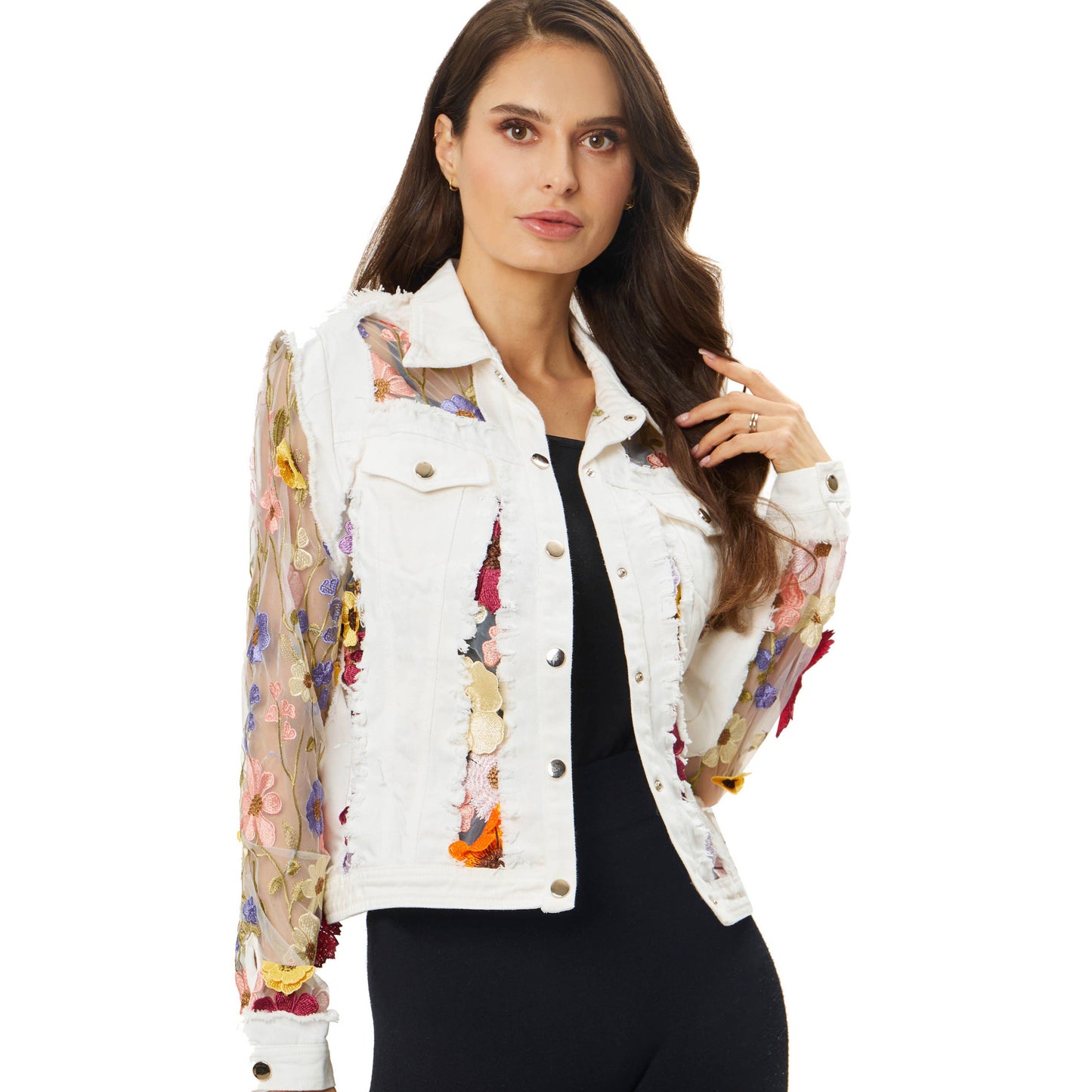 Woman in white floral denim jacket
