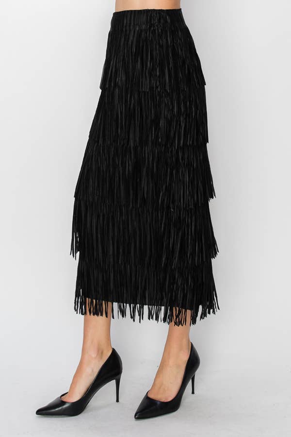 Layered Fringe Tiered Maxi Skirt in Black