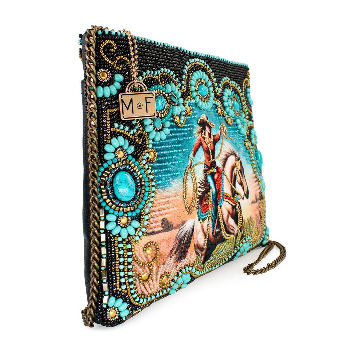 Beaded handbag with cowboy image.