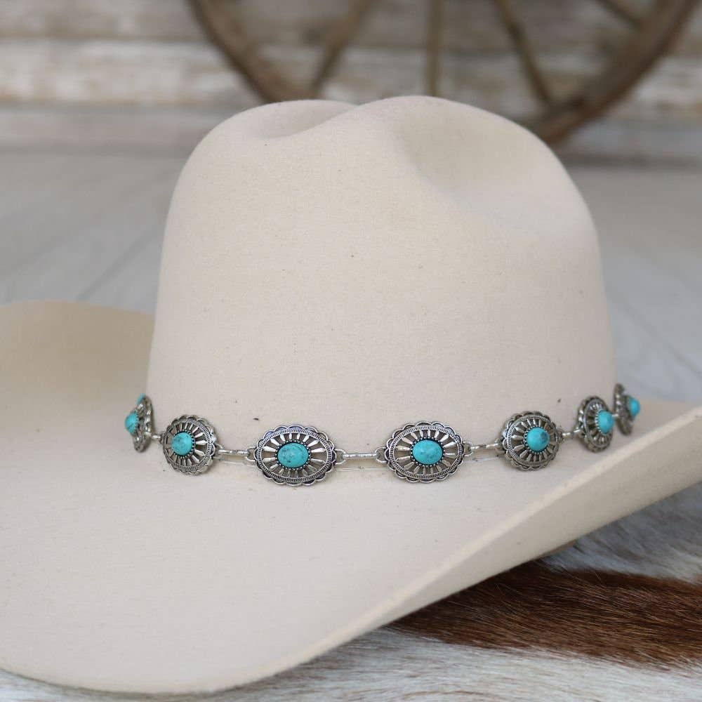 Cowboy hat with turquoise and silver band.