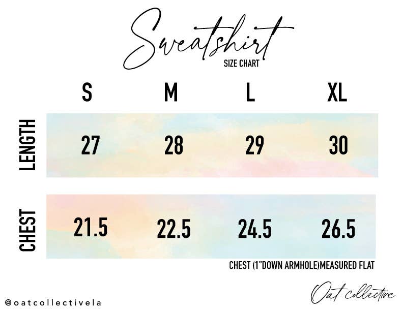 Sweatshirt size chart showing measurements for length and chest.