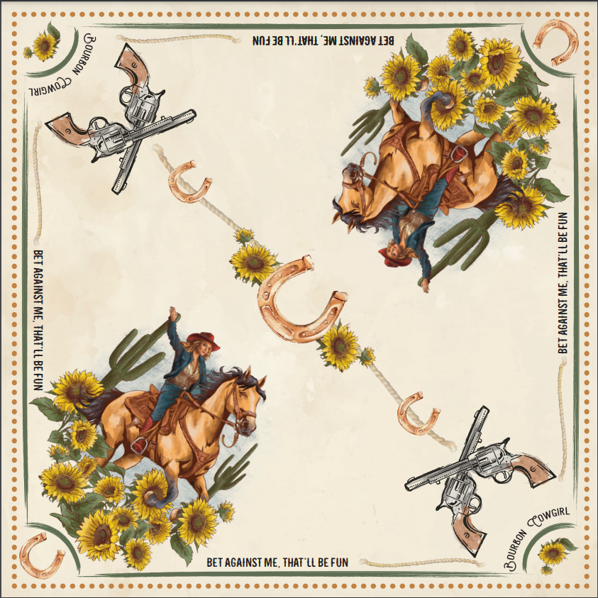 Cowgirl-themed square pattern with horses, sunflowers, and guns.