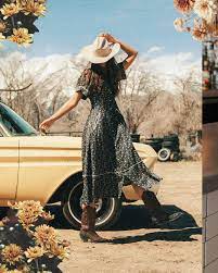 Woman in dress and hat by car, images-36