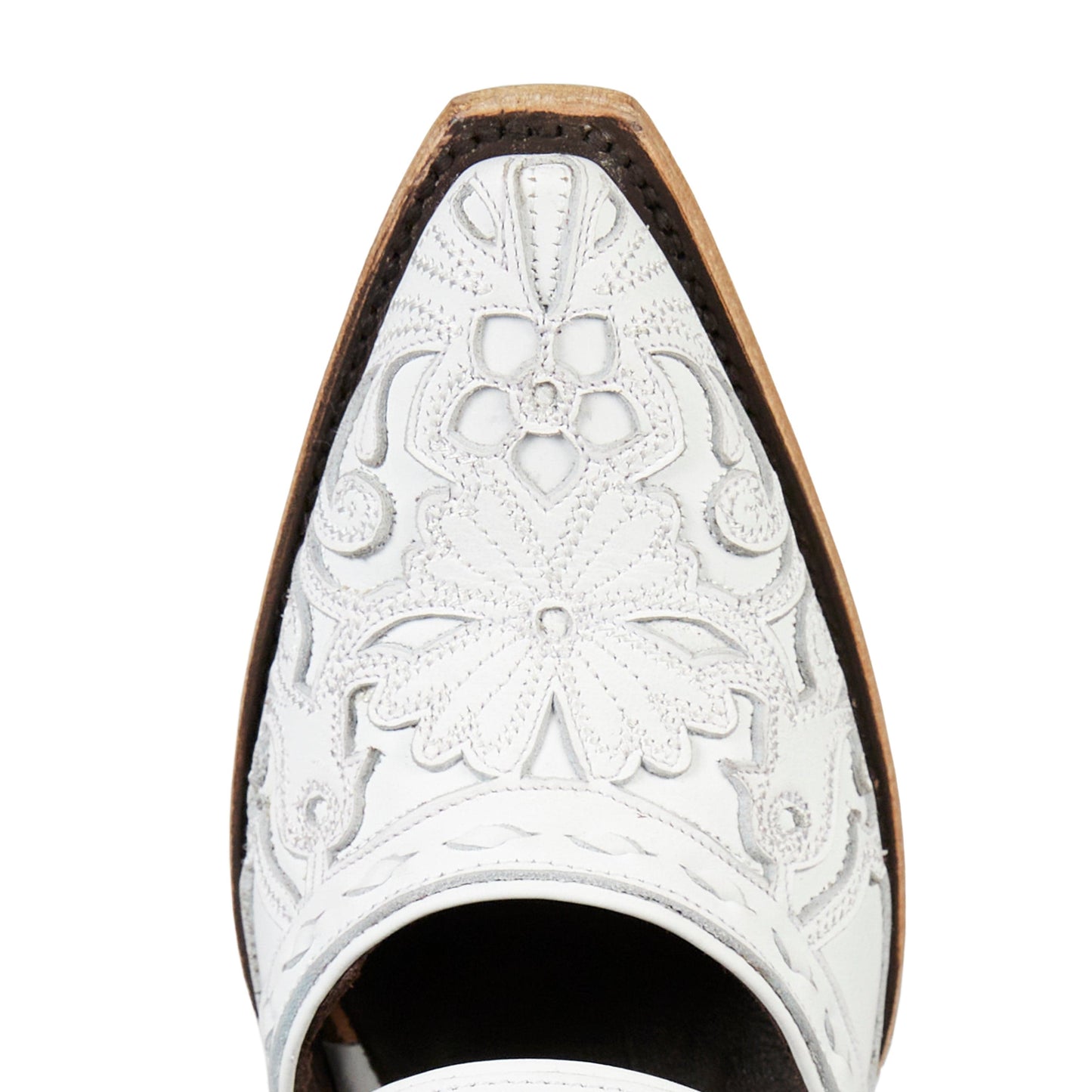 White leather mule, floral design, by Robin Mule & Matthew White