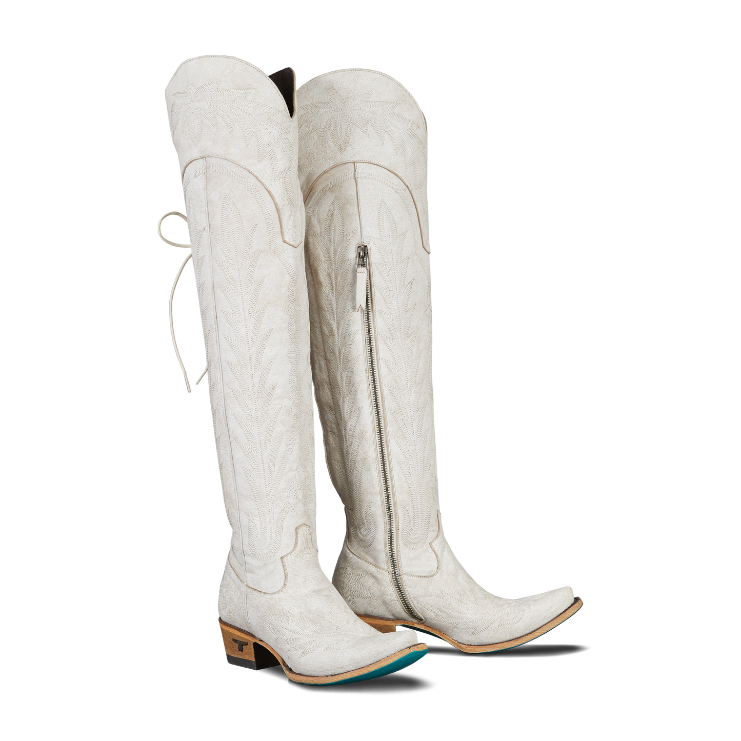 White leather Lexington over-the-knee boots with crackle finish