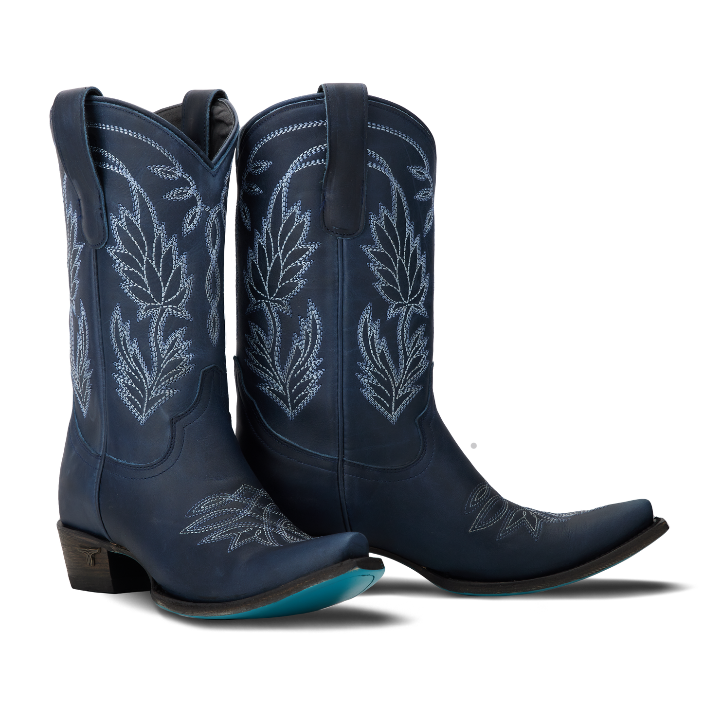 Blue leather cowboy boots with floral embroidery